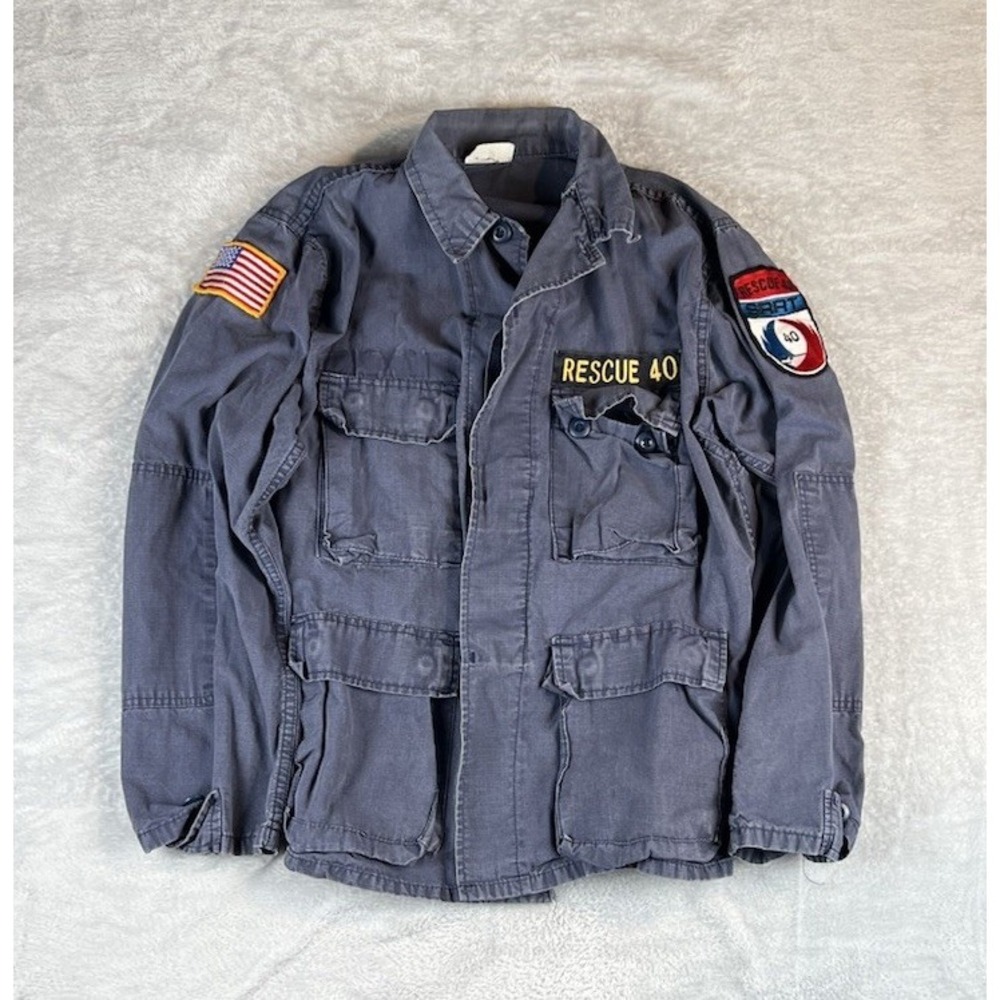 Vtg Rescue Services Fatigue Jacket Men's M Blue Pockets Patches Boho Hipster